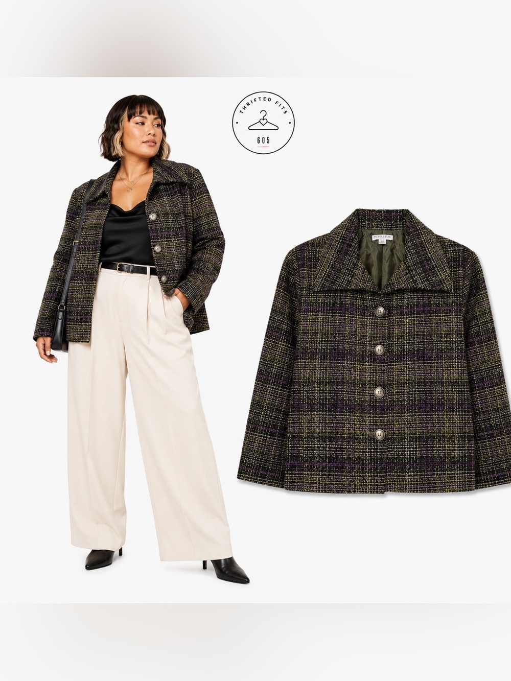 Pendleton Women's Tweed Button-Front Jacket in Black, Chartreuse & Purple
